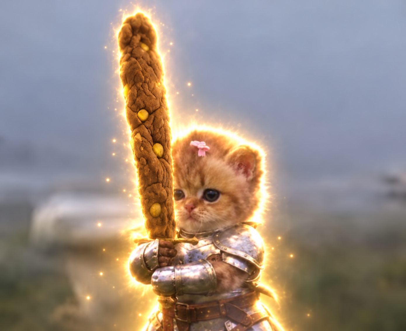 Small orange kitten in silver armor holding a giant glowing poop sword